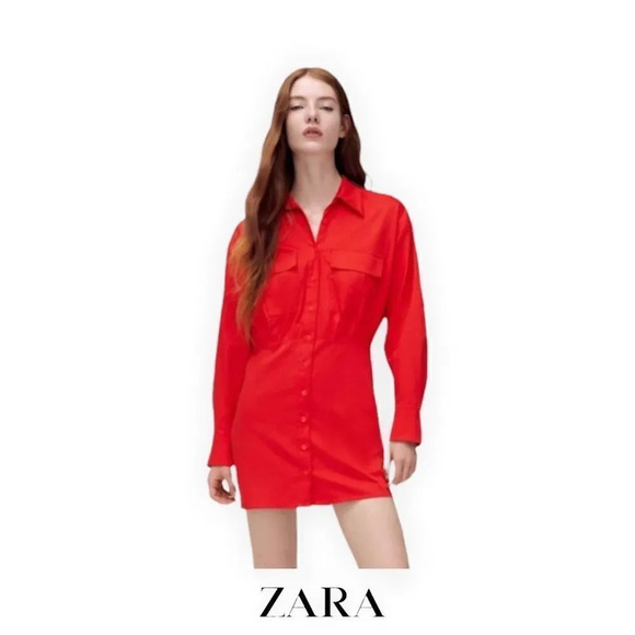 ZARA | Red | POPLIN SHIRT DRESS - Picture 8 of 10